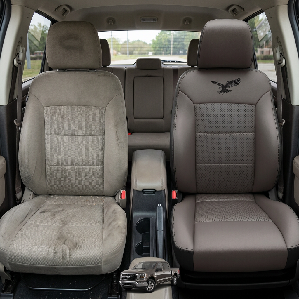 Before-and-after comparison of front seats, showing cloth seat upgraded to perforated leather upholstery.