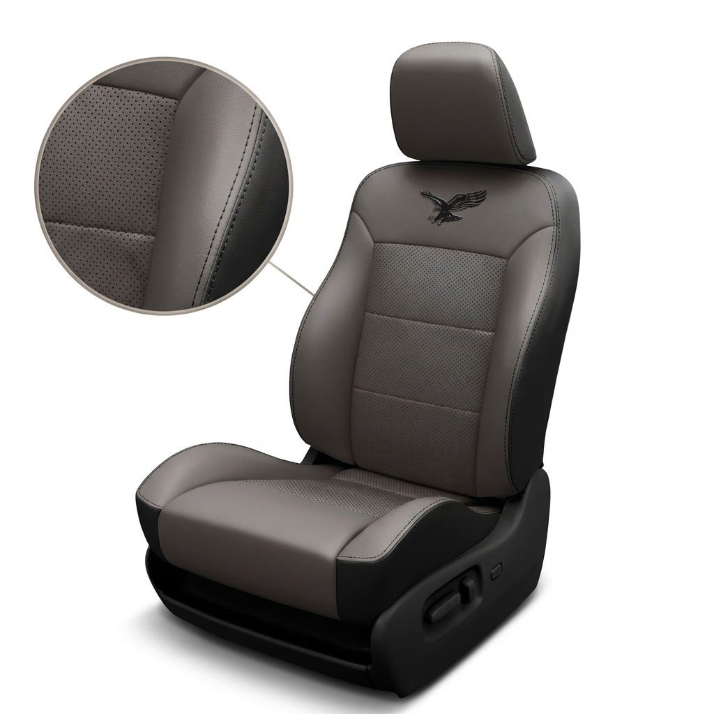 Gray car seat with detailed texture and a brand logo on a white background
