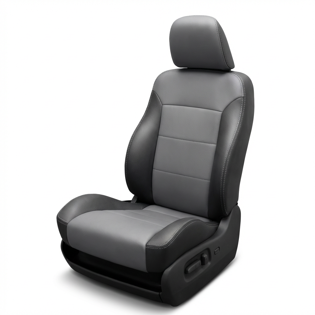 Gray car seat with black accents on a white background