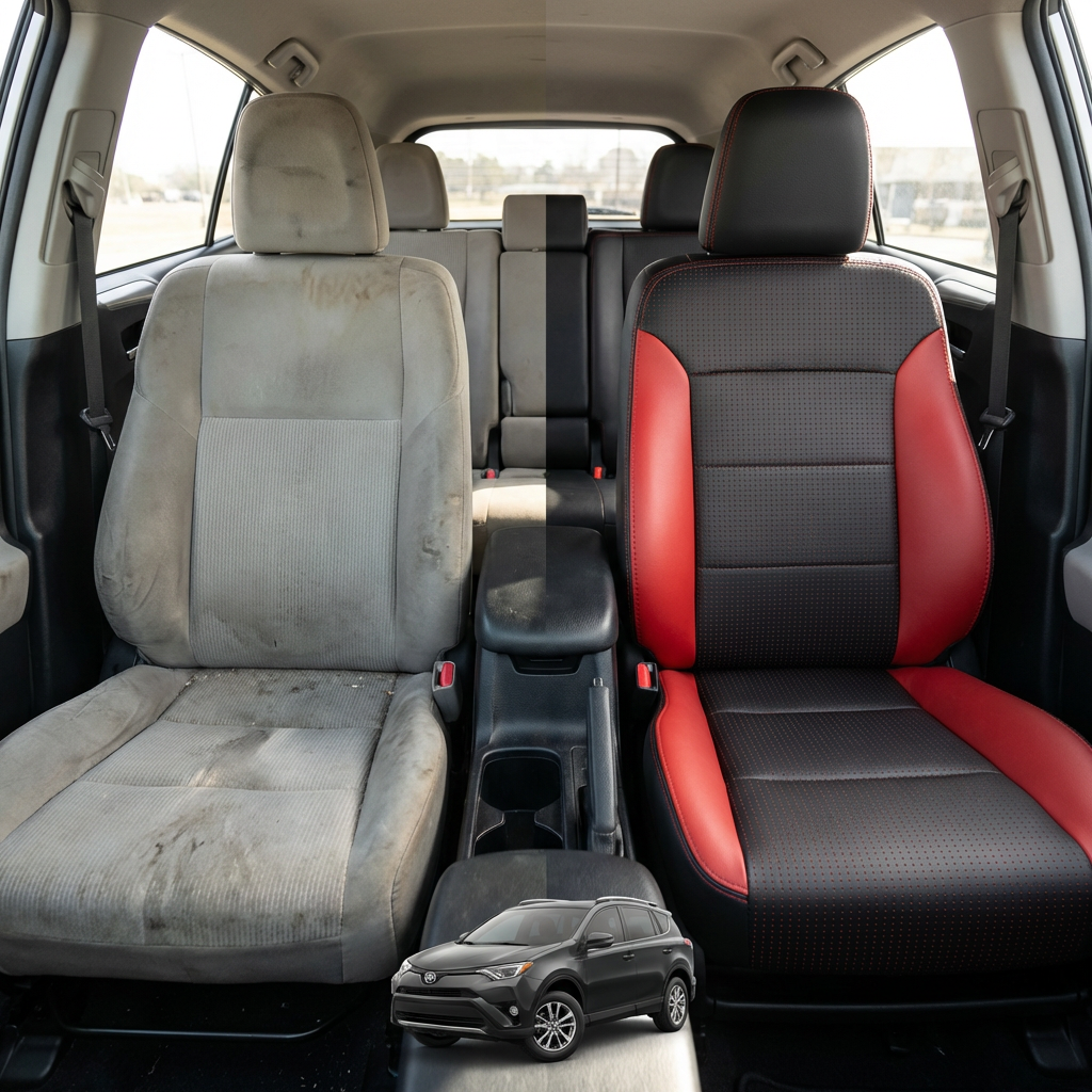 Before-and-after comparison of front seats, showing cloth seat upgraded to perforated leather upholstery.