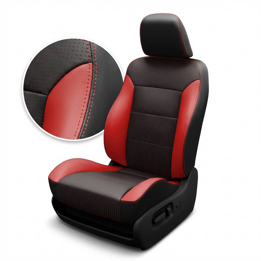 Black and red car seat cover with close-up detail on a white background