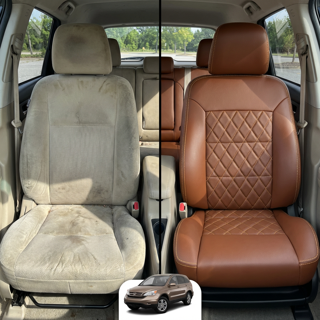 Before-and-after comparison of front seats, showing cloth seat upgraded to perforated leather upholstery.