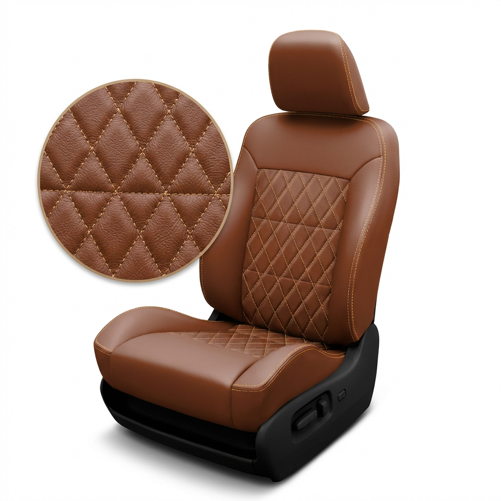 Brown quilted car seat cover with detailed texture on a white background