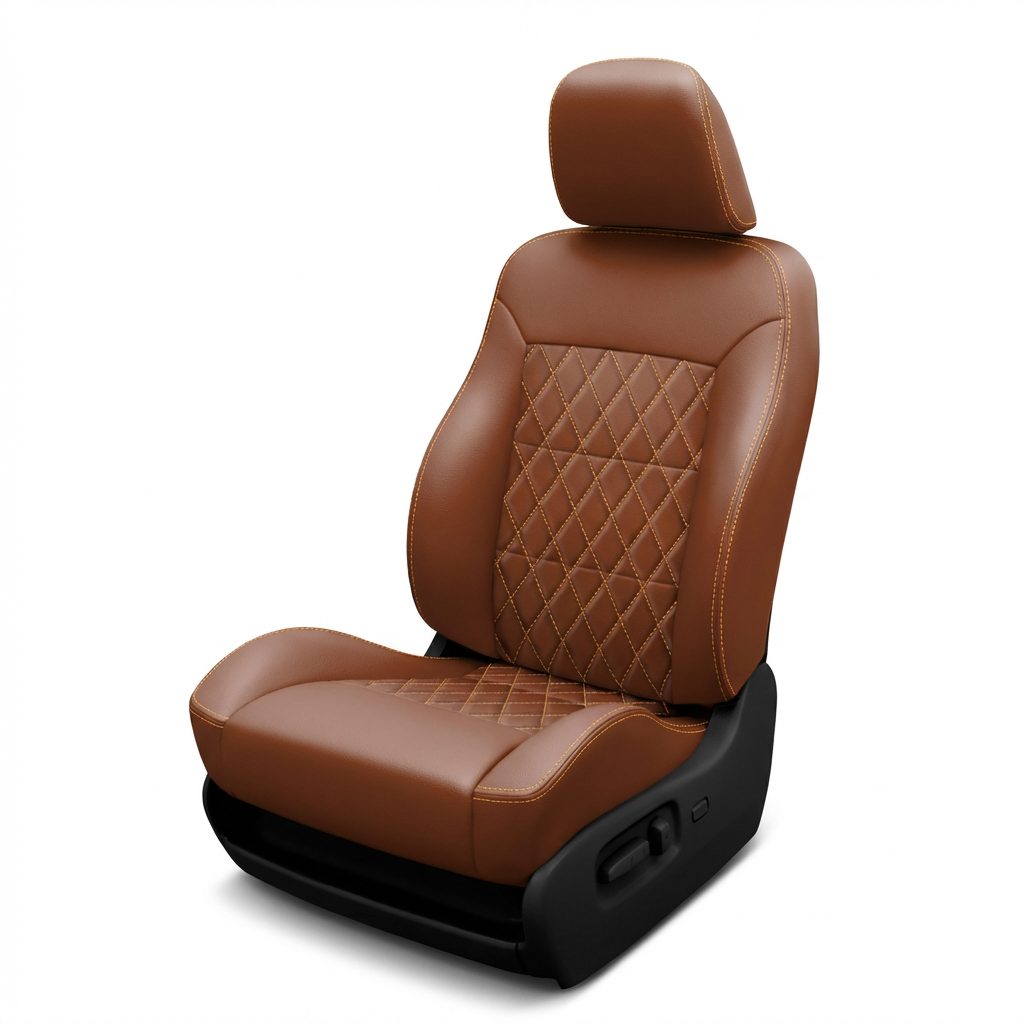 Brown leather car seat with diamond stitching on a white background