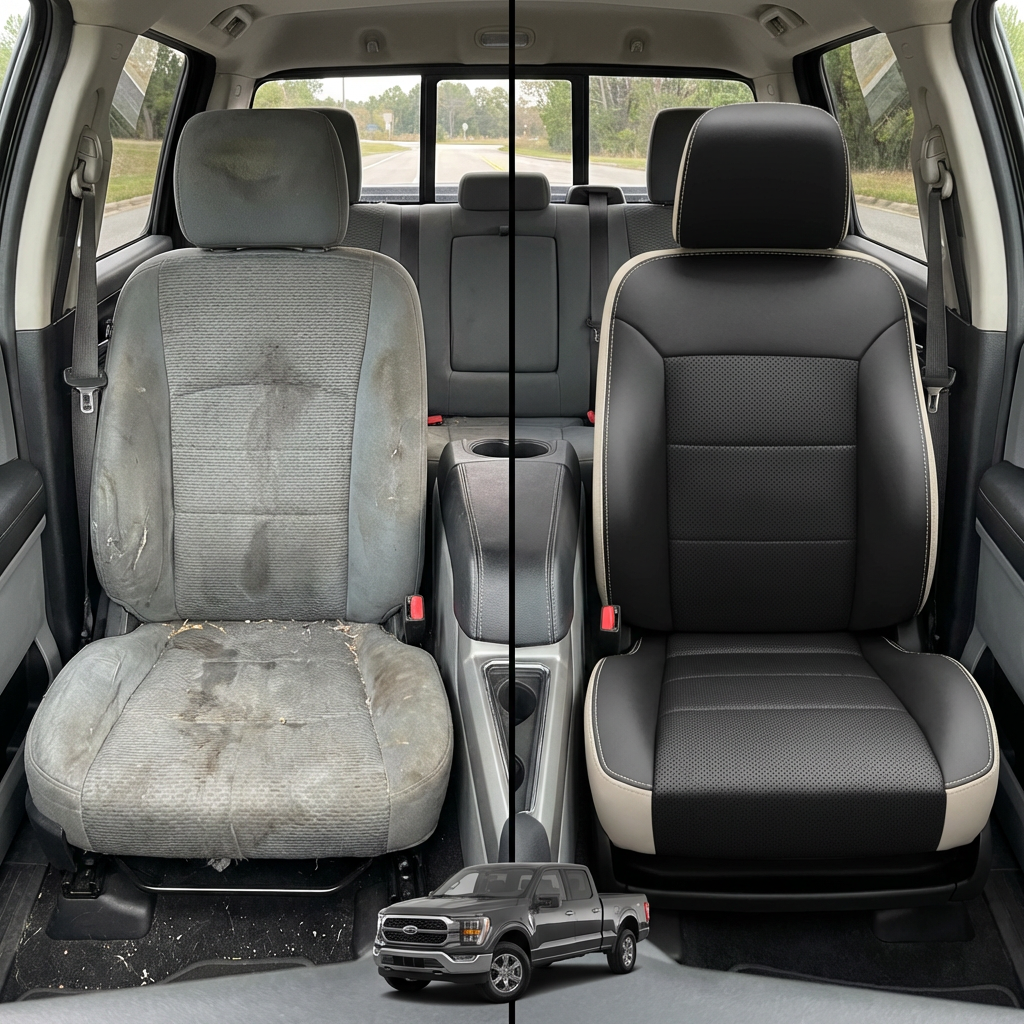 Before-and-after comparison of front seats, showing cloth seat upgraded to perforated leather upholstery.