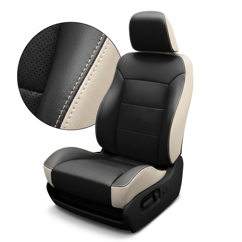Black and beige car seat cover with detailed stitching on a white background