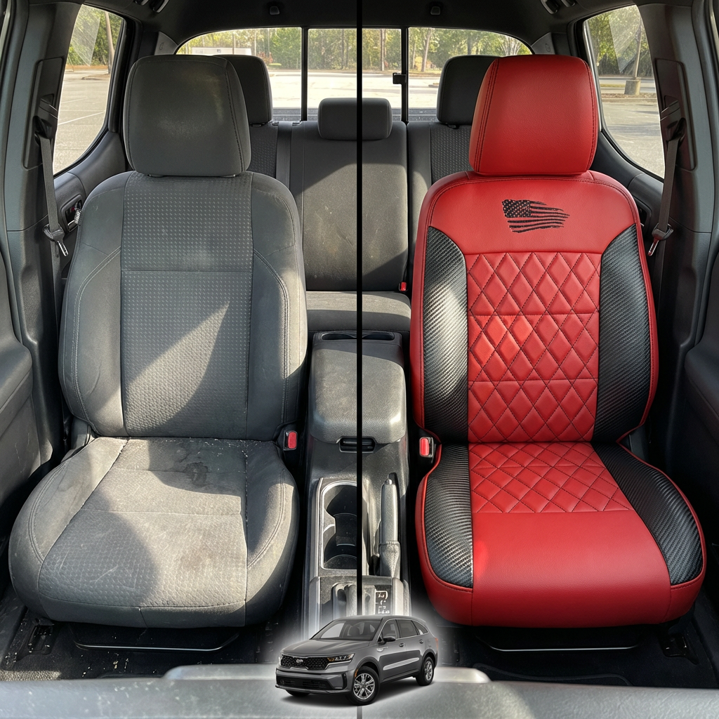 Before-and-after comparison of front seats, showing cloth seat upgraded to perforated leather upholstery.
