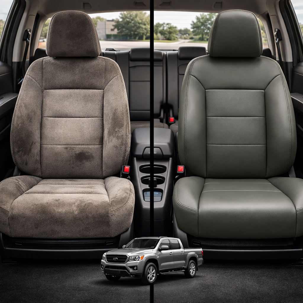 Before-and-after comparison of Mercedes-Benz front seats, showing cloth seat upgraded to perforated leather upholstery.