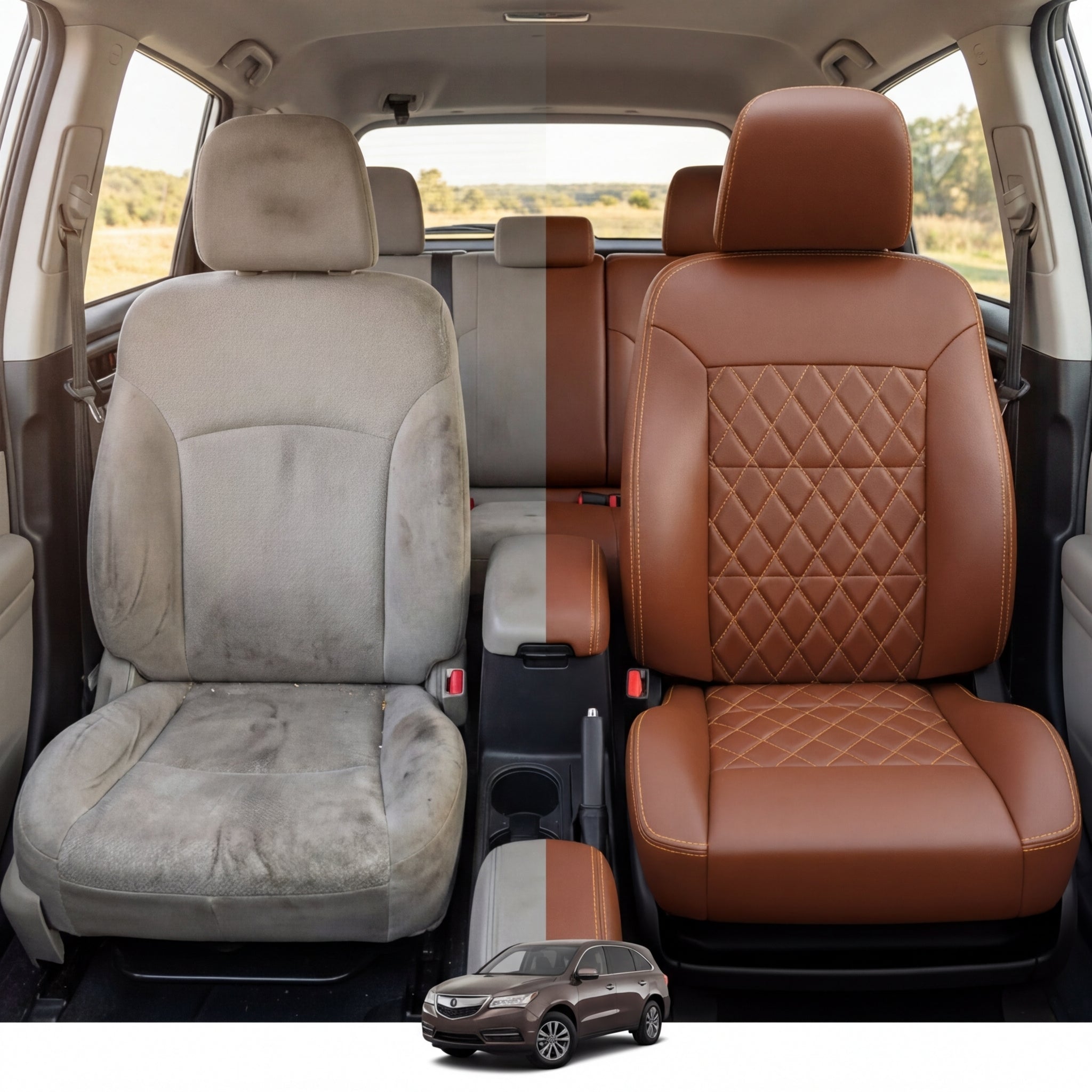 Before-and-after comparison of front seats, showing cloth seat upgraded to perforated leather upholstery.