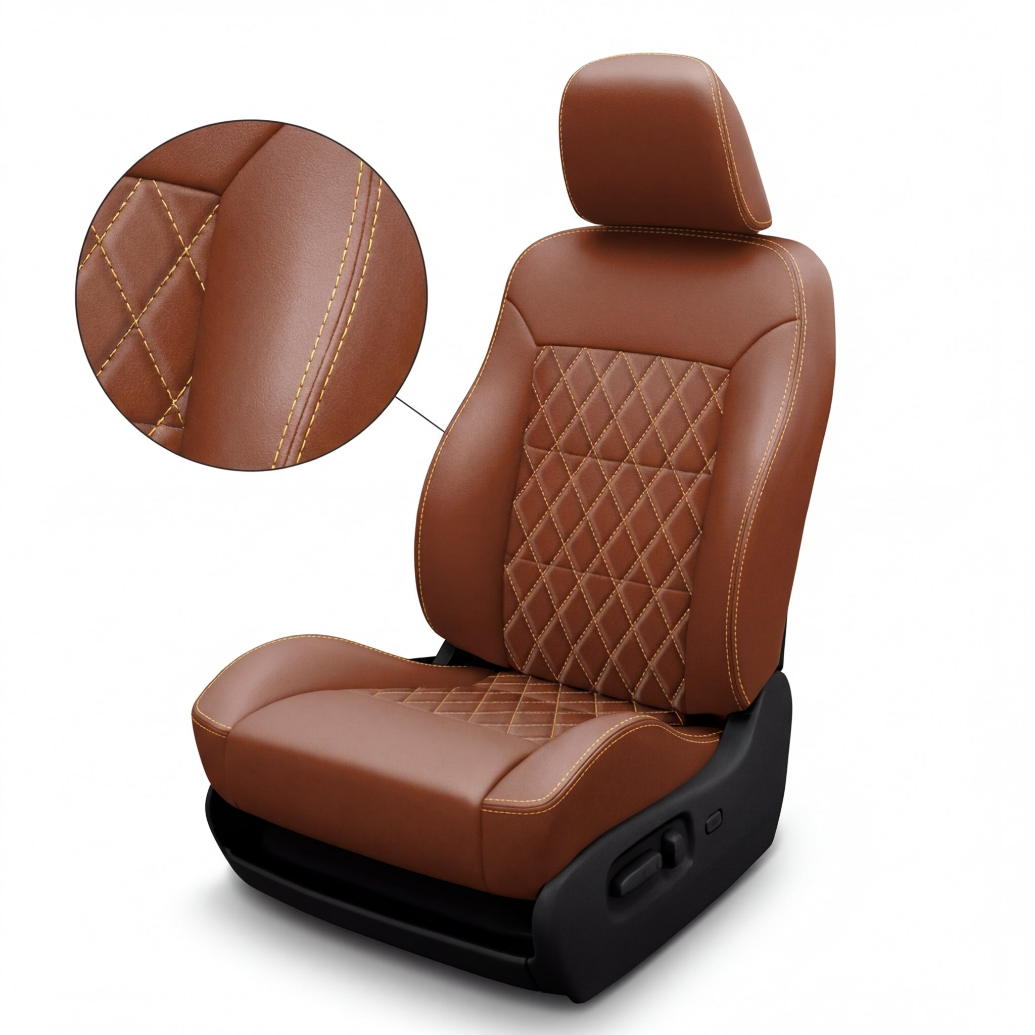 Mahogany Gold car seat with headrest and detailed closed up stitching on a white background

