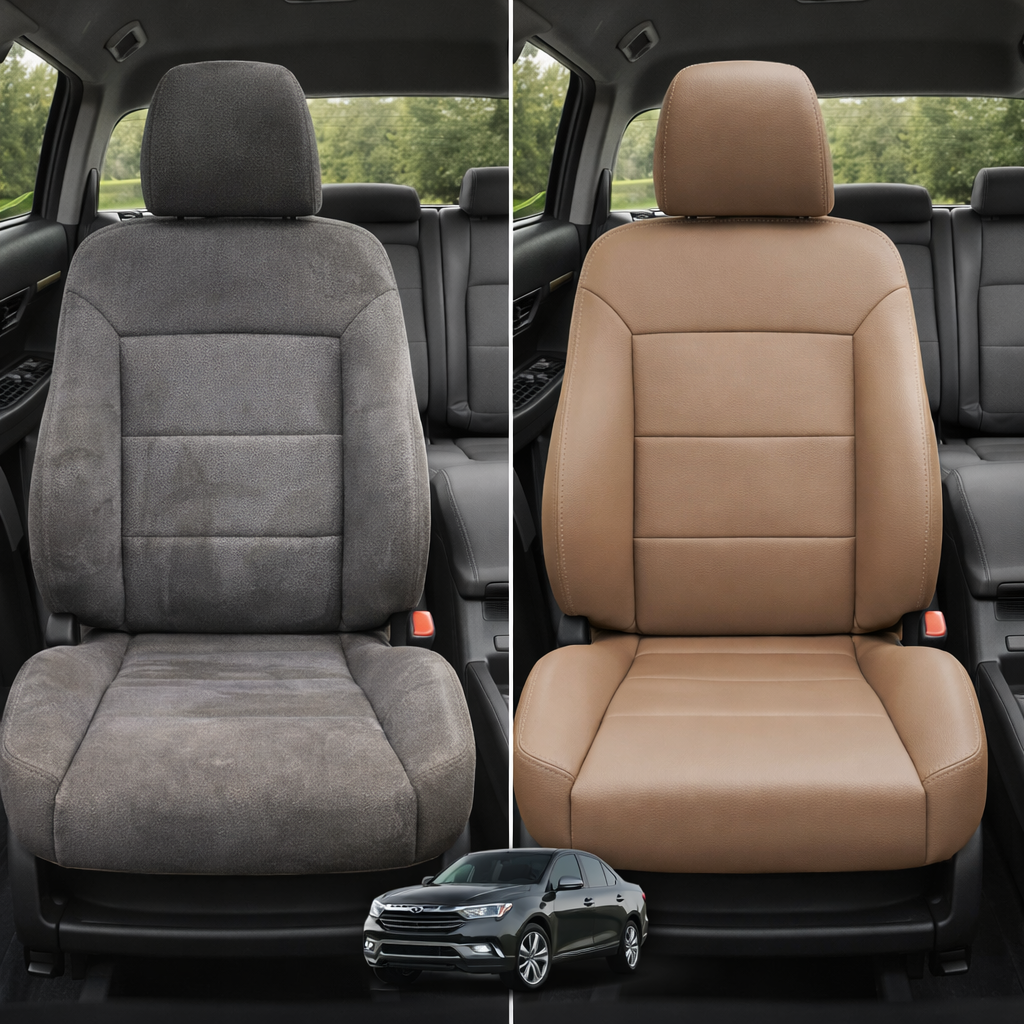 Before-and-after comparison of Isuzu Axiom front seats, showing cloth seat upgraded to perforated leather upholstery.