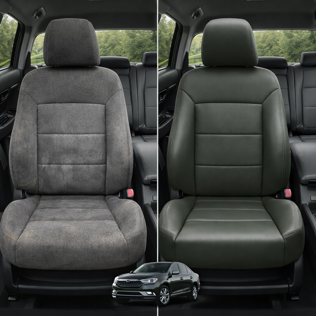 Before-and-after comparison of Isuzu Ascender front seats, showing cloth seat upgraded to perforated leather upholstery.