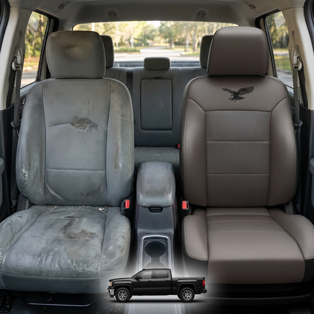 Before-and-after comparison of front seats, showing cloth seat upgraded to perforated leather upholstery.