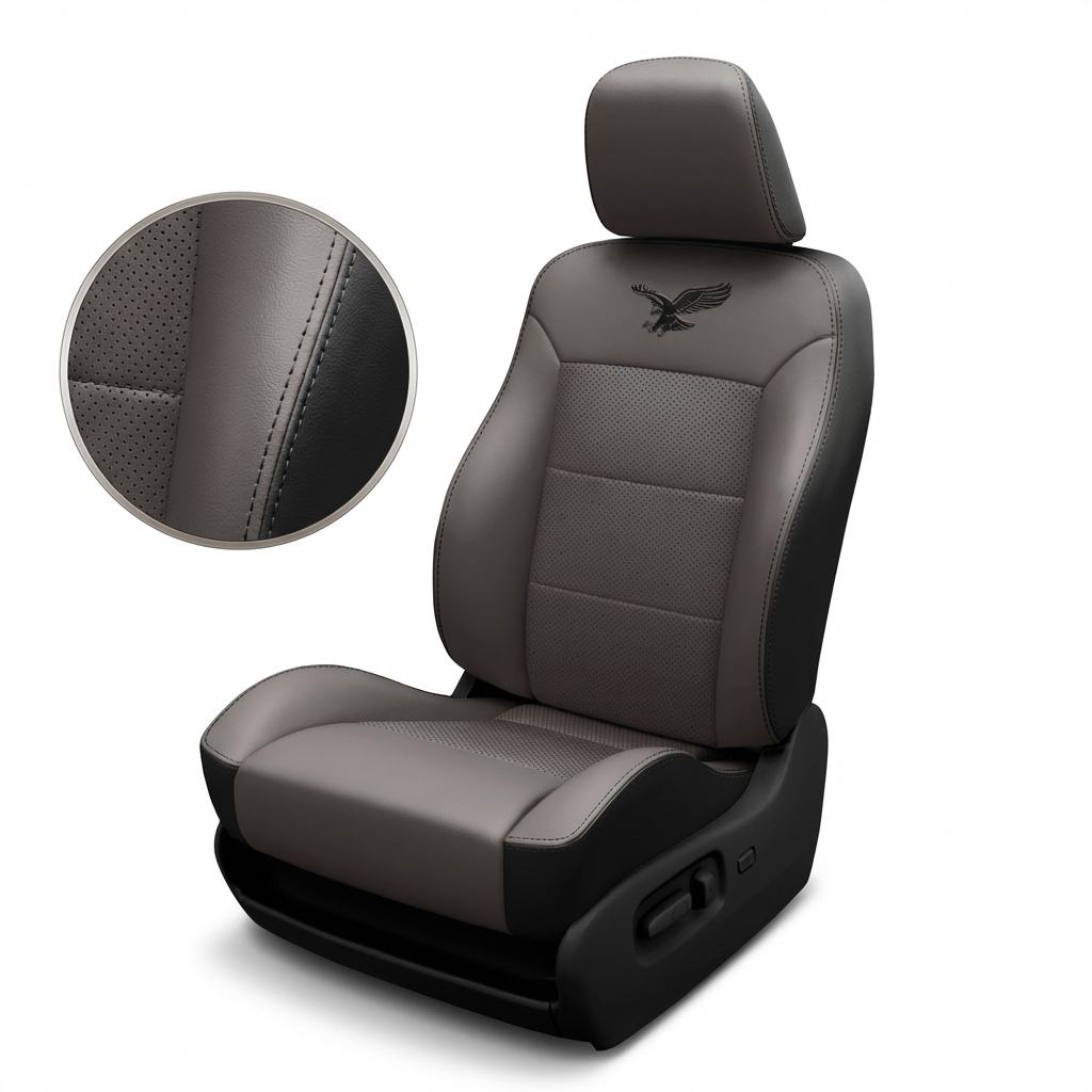 Gray car seat with detailed stitching and a brand logo on a white background