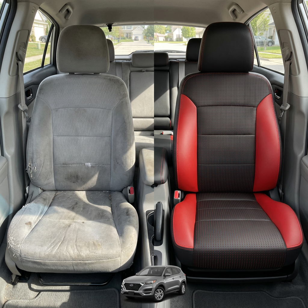 Before-and-after comparison of front seats, showing cloth seat upgraded to perforated leather upholstery.