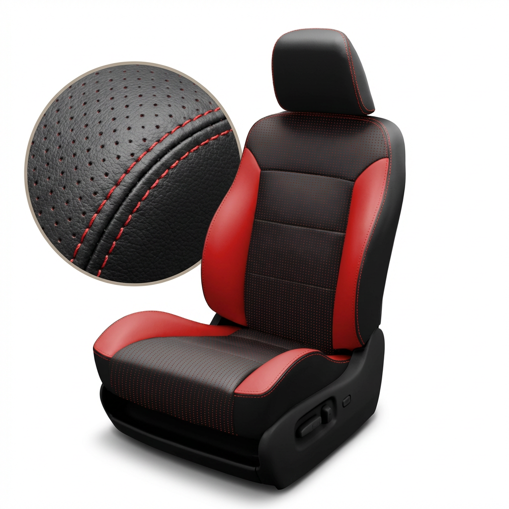 Black and red car seat cover with detailed stitching on a white background
