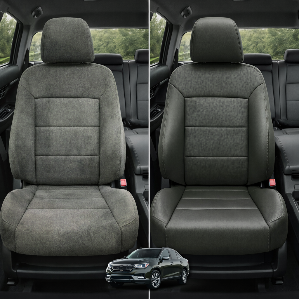 Before-and-after comparison of Mitsubishi Lancer front seats, showing cloth seat upgraded to perforated leather upholstery.