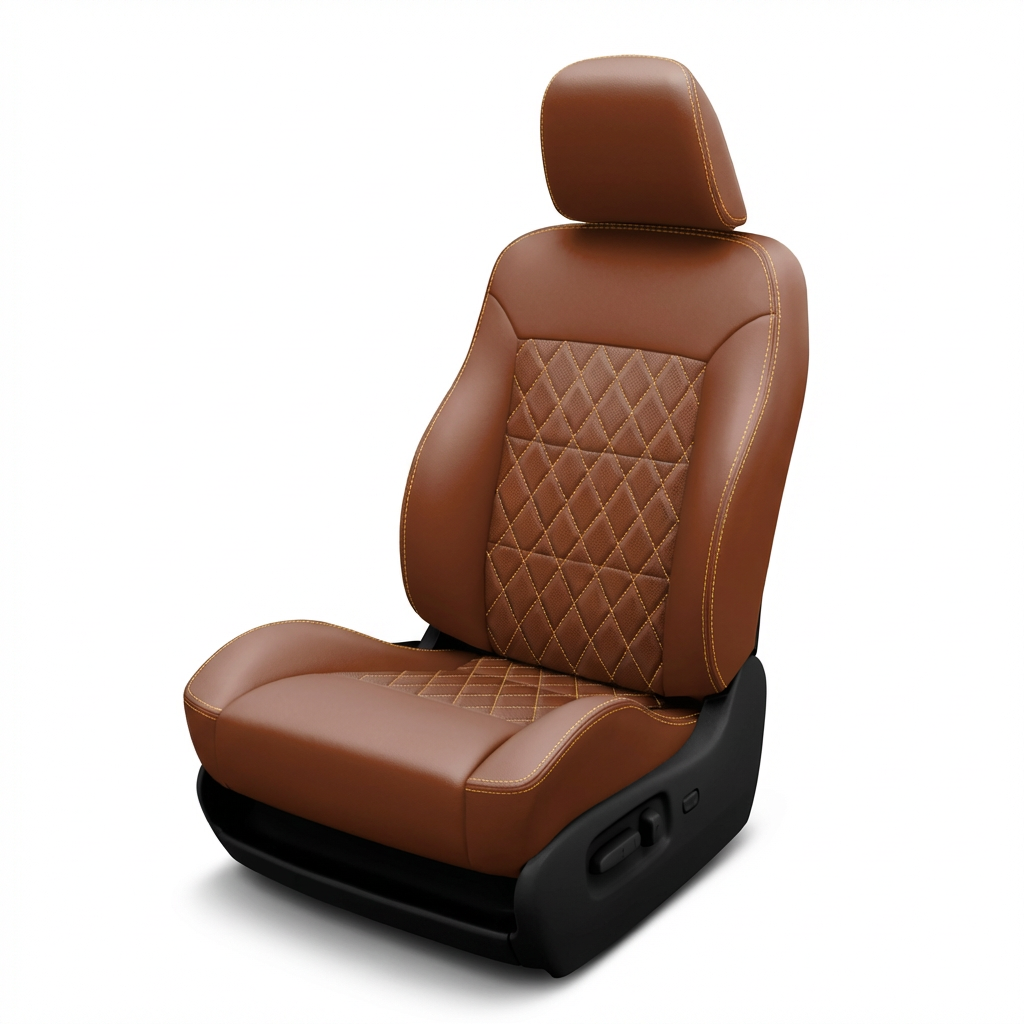 Brown leather car seat with diamond pattern on a white background