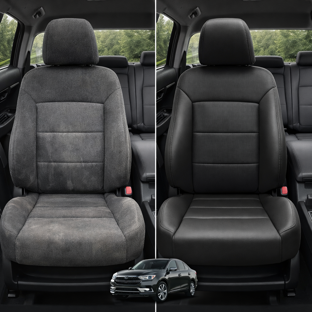 Before-and-after comparison of Pontiac Vibe front seats, showing cloth seat upgraded to perforated leather upholstery.