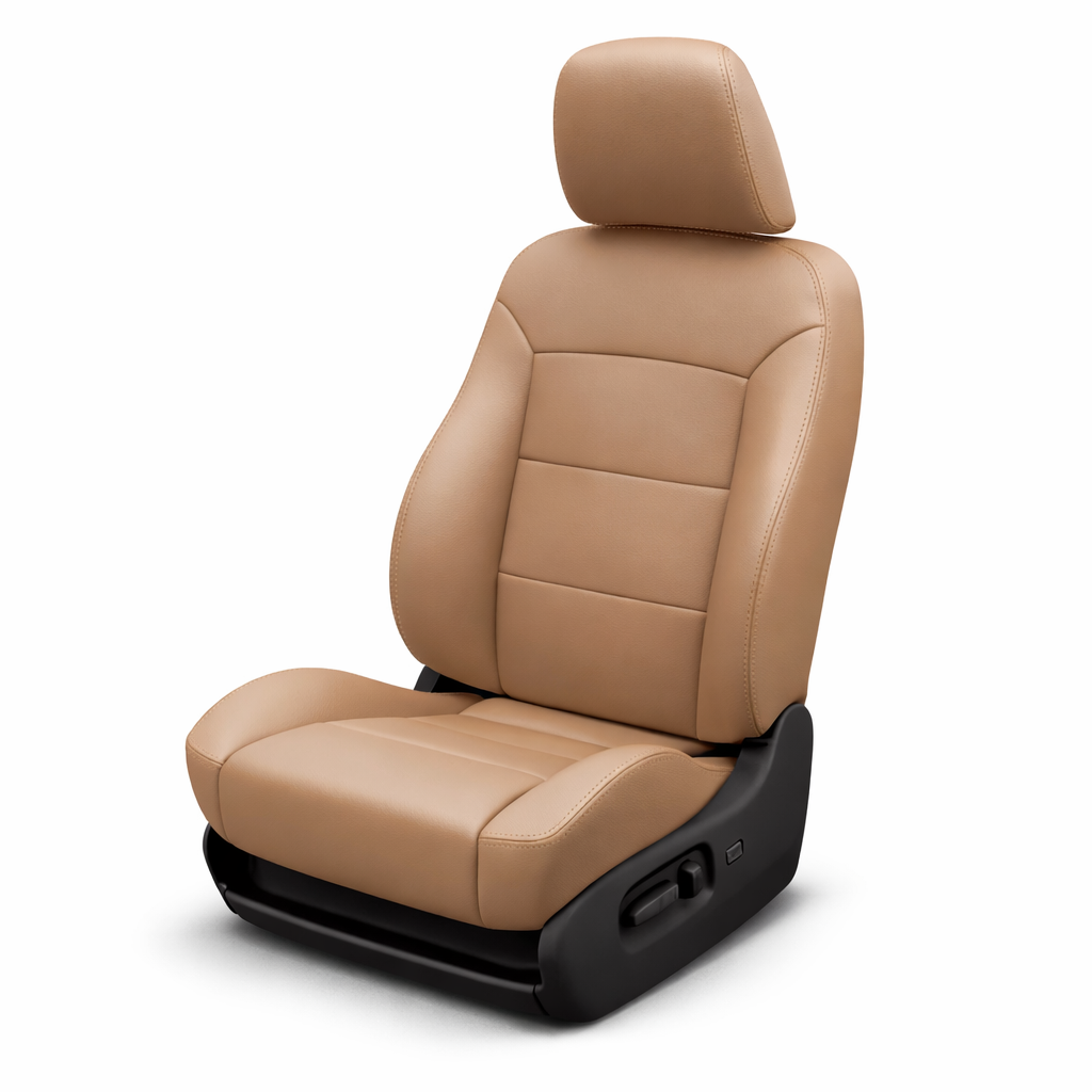 Beige car seat with black base on a white background