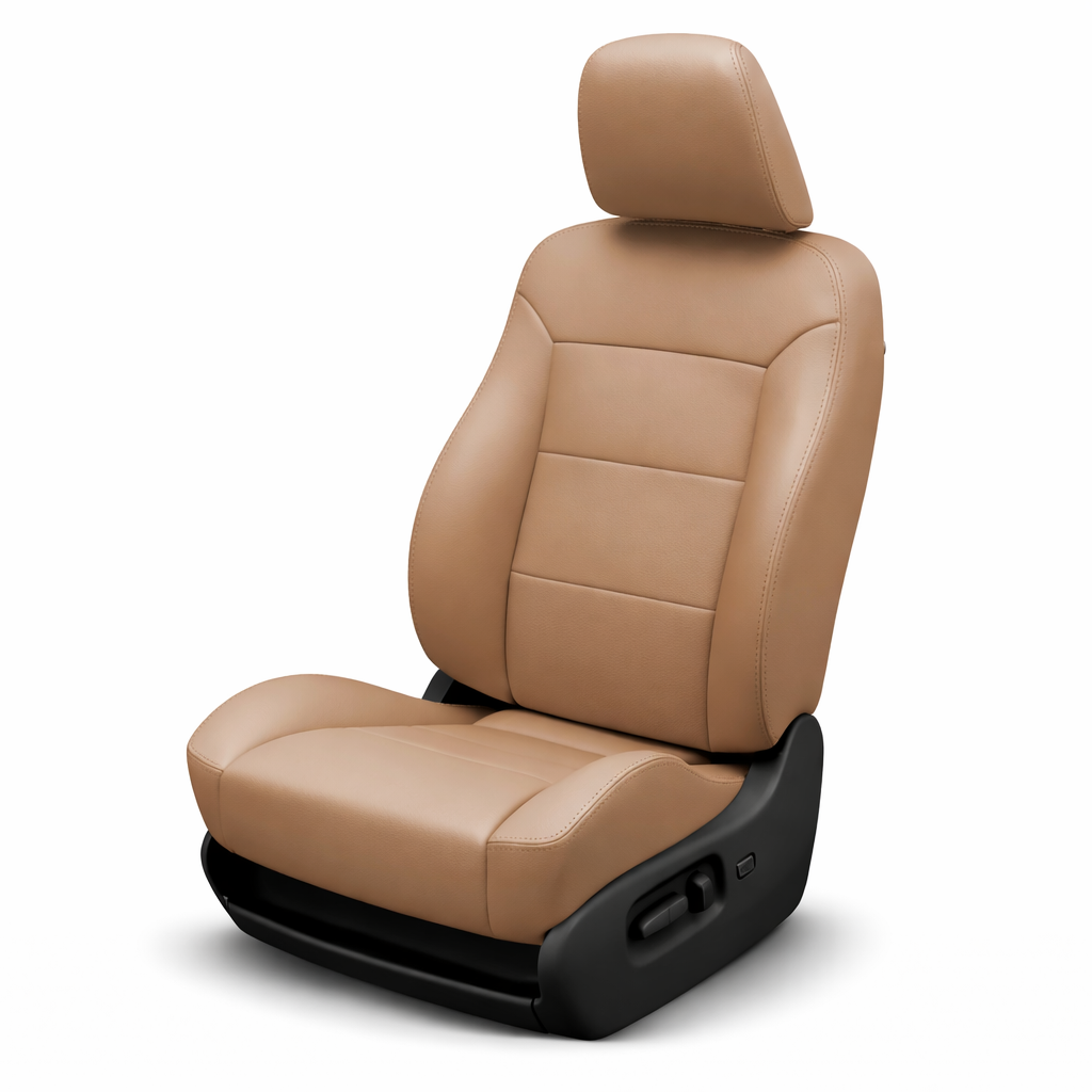Tan car seat with black headrest on a white background
