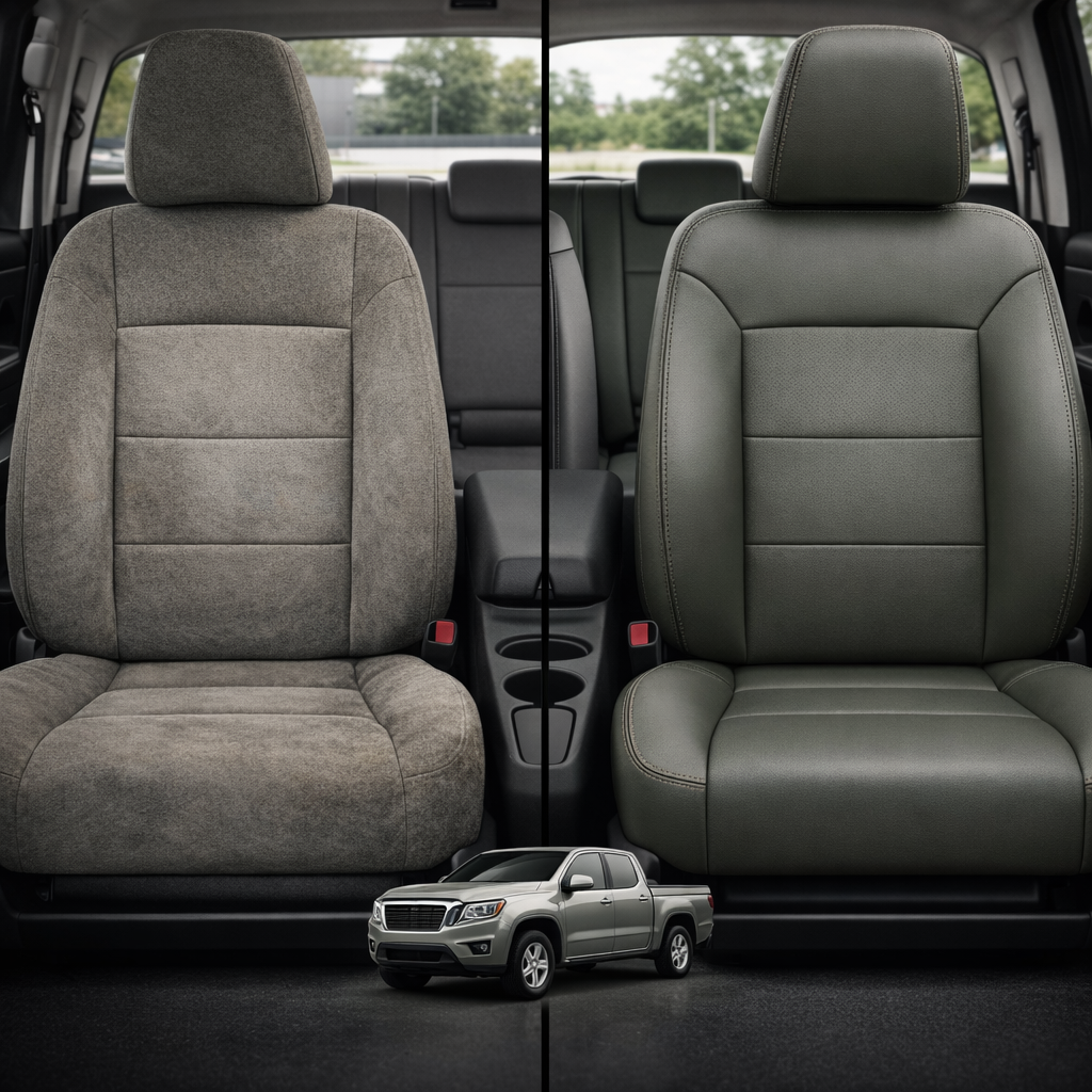 Before-and-after comparison of Chevrolet SSR front seats, showing cloth seat upgraded to perforated leather upholstery.
