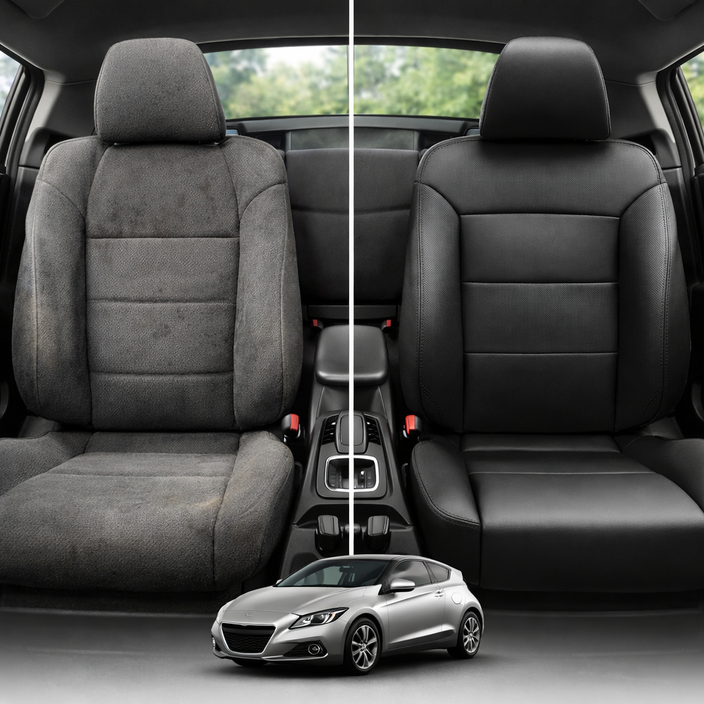 Before-and-after comparison of Infiniti G35 front seats, showing cloth seat upgraded to perforated leather upholstery.
