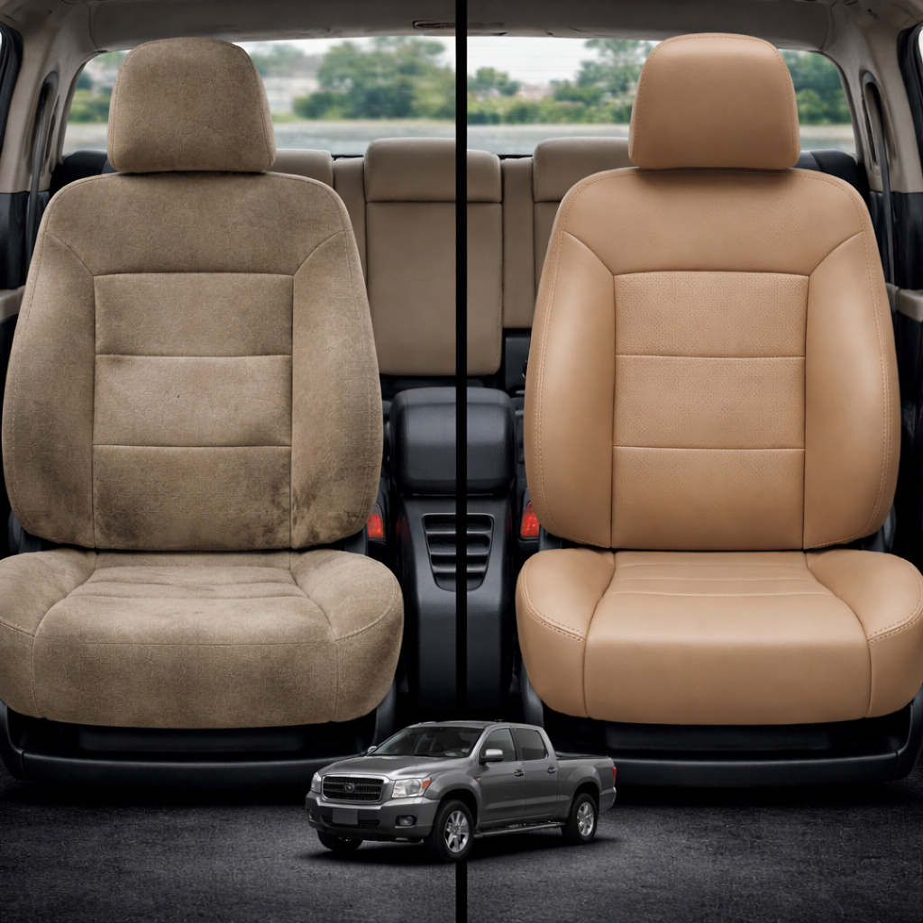 Before-and-after comparison of Ford Freestar front seats, showing cloth seat upgraded to perforated leather upholstery.