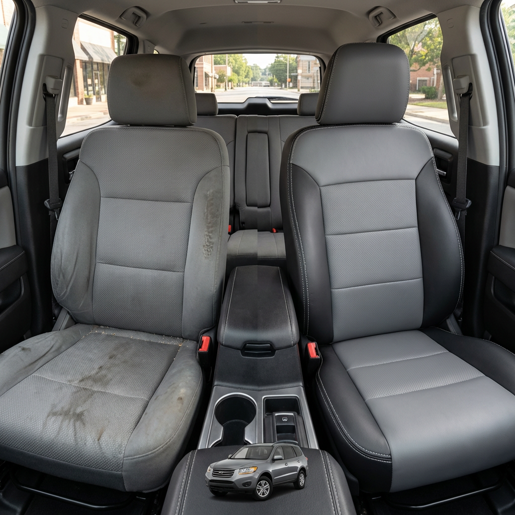 
Before-and-after comparison of front seats, showing cloth seat upgraded to perforated leather upholstery.
