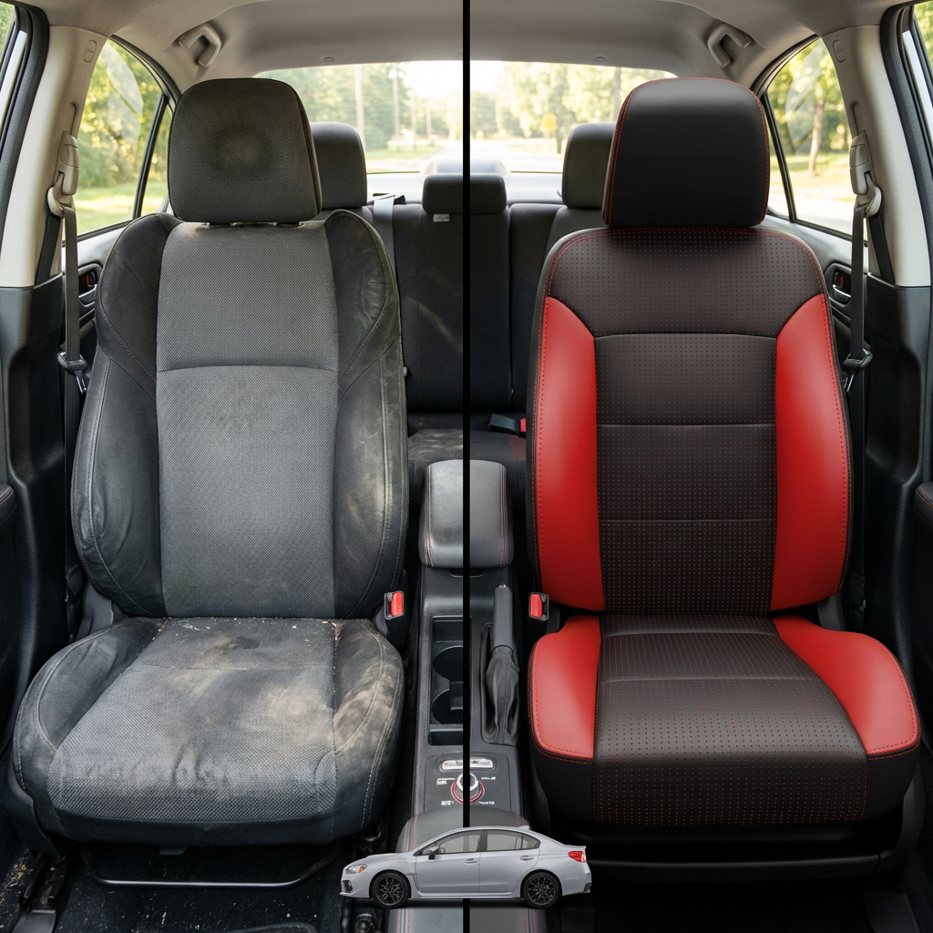 Before-and-after comparison of front seats, showing cloth seat upgraded to perforated leather upholstery.
