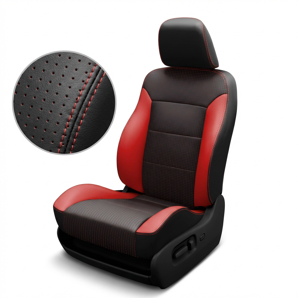 Black and red car seat cover with detailed stitching on a white background