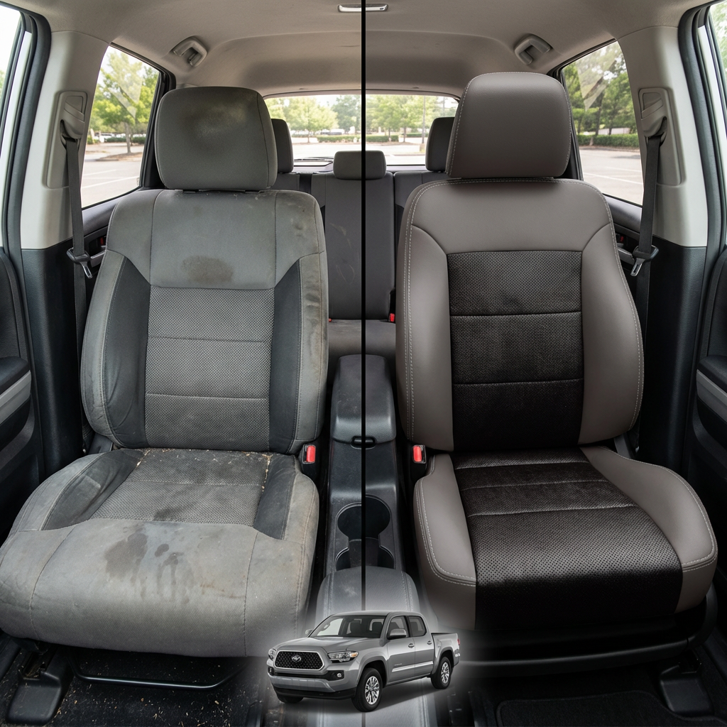 Before-and-after comparison of front seats, showing cloth seat upgraded to perforated leather upholstery.
