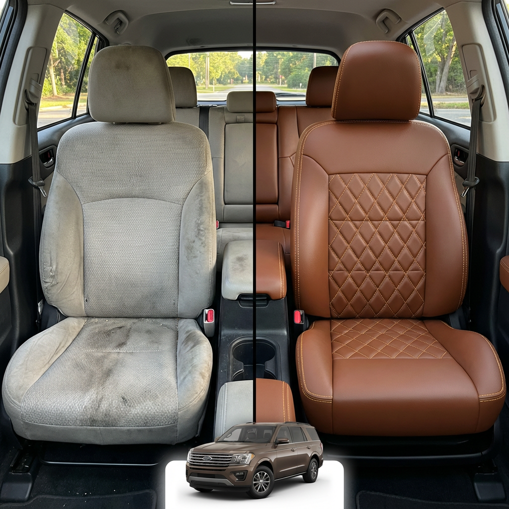 Before-and-after comparison of front seats, showing cloth seat upgraded to perforated leather upholstery.
