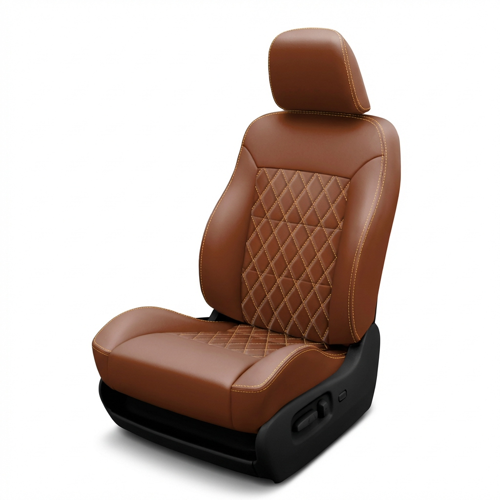 Brown leather car seat with diamond pattern on a white background