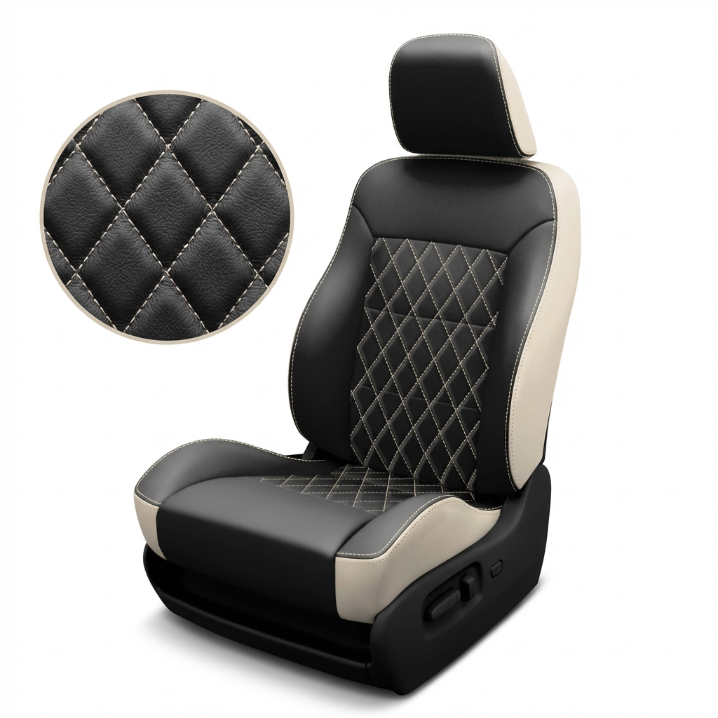 Black and beige car seat cover with diamond pattern on a white background