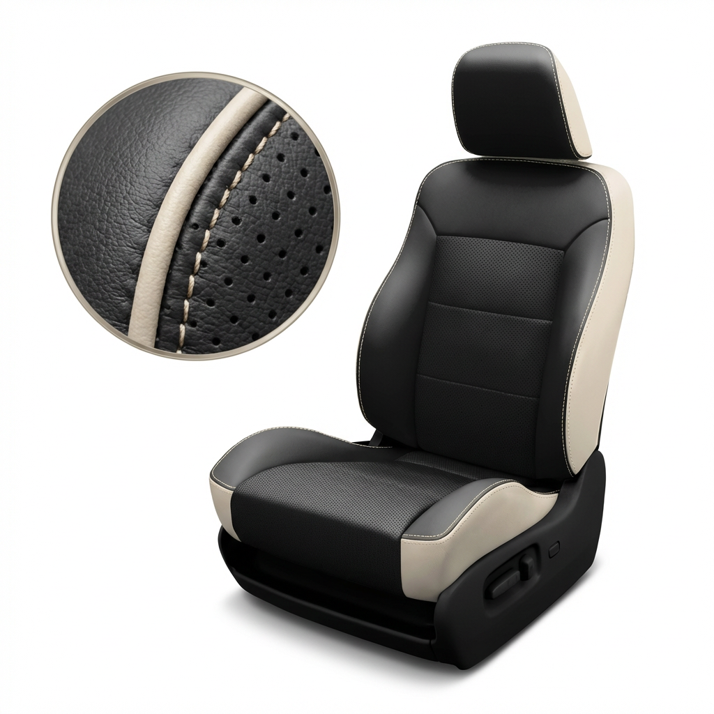 Black and beige car seat cover with detailed stitching on a white background