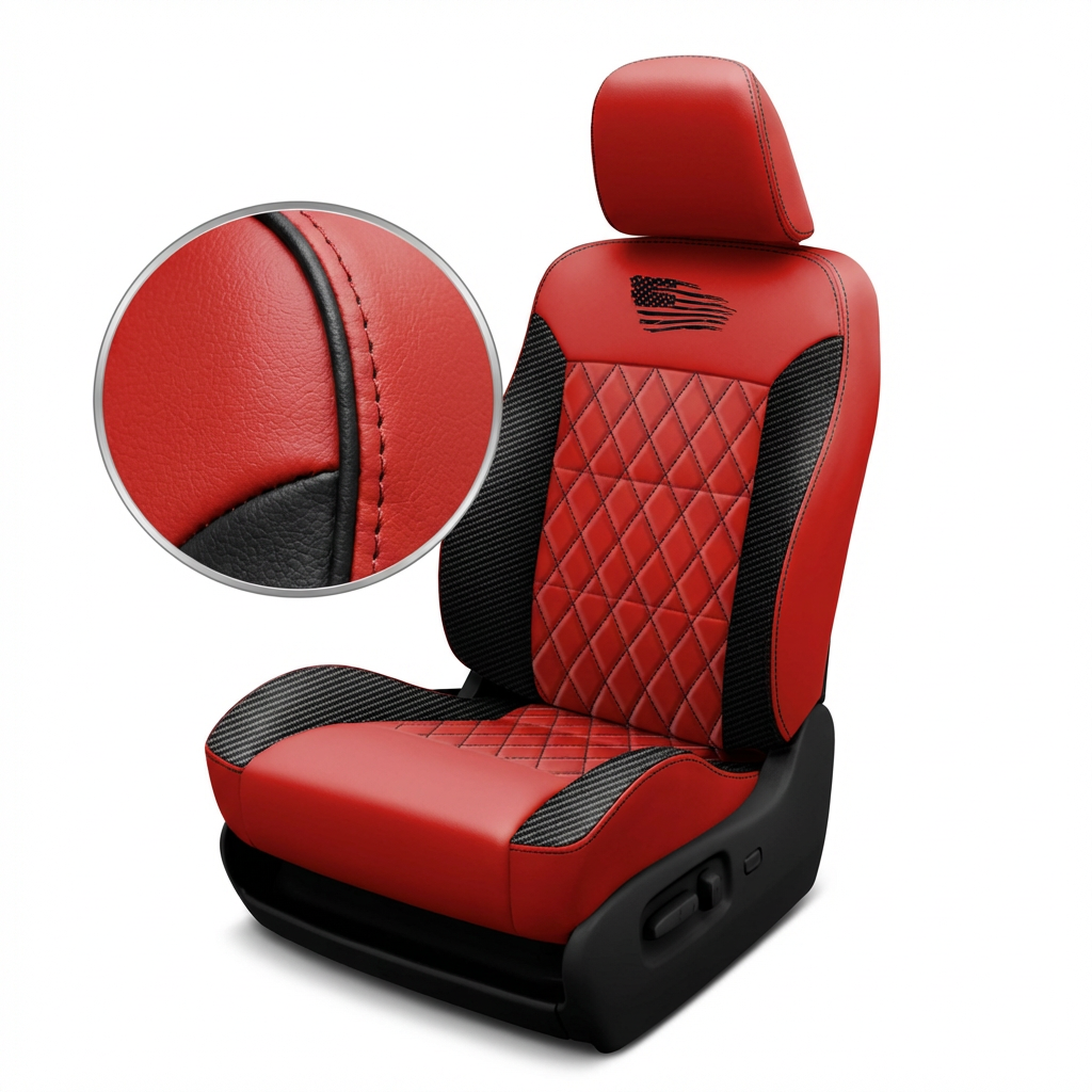 Red and black car seat cover with detailed stitching on a white background