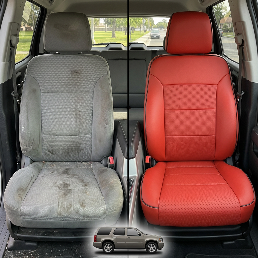Before-and-after comparison of front seats, showing cloth seat upgraded to perforated leather upholstery.