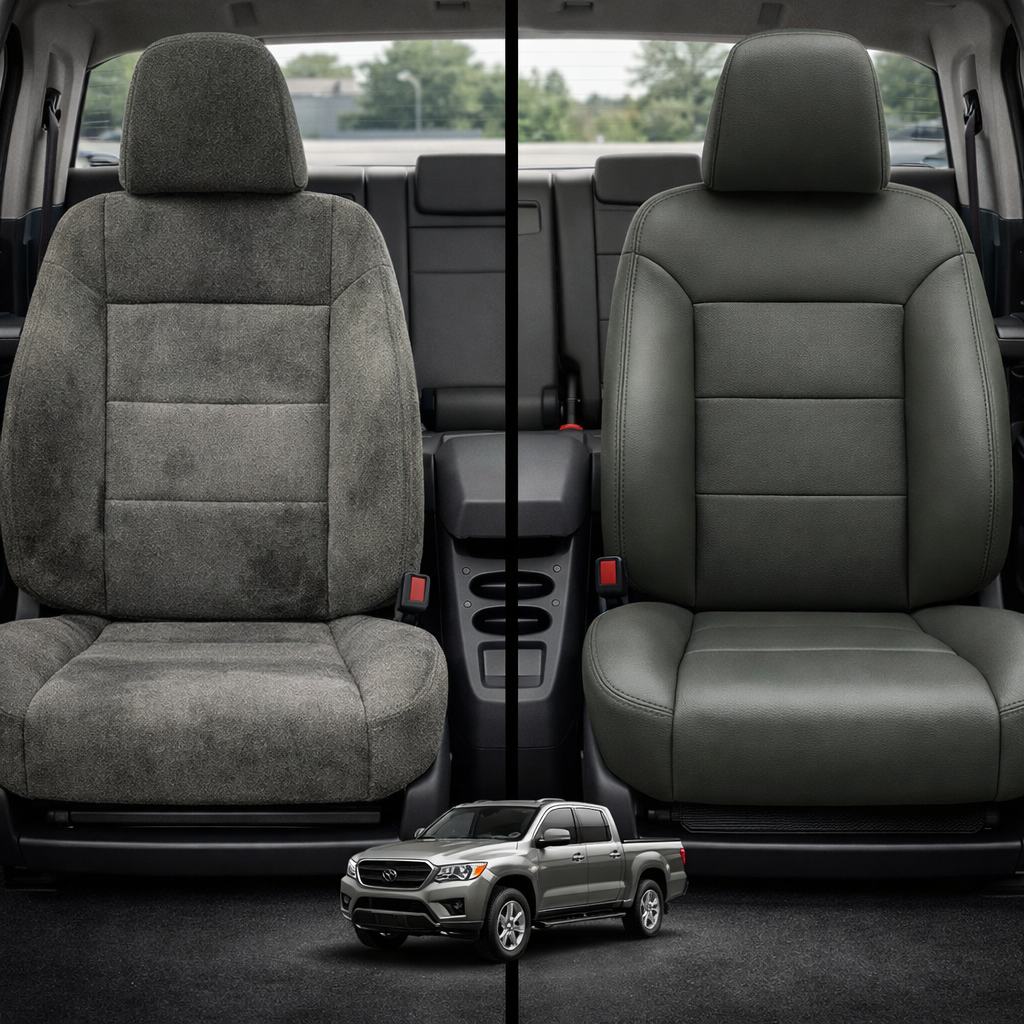 Before-and-after comparison of Mini Cooper front seats, showing cloth seat upgraded to perforated leather upholstery.
