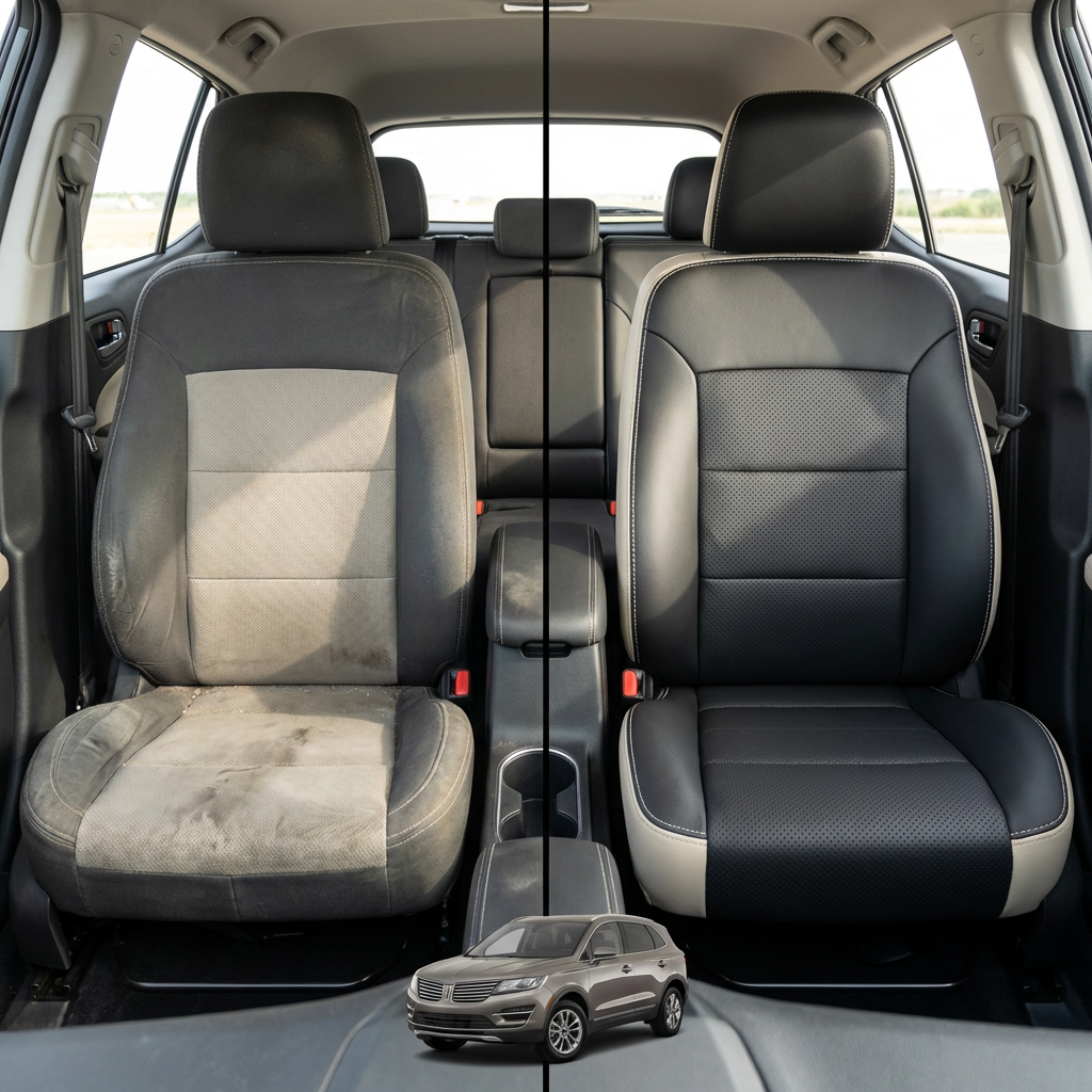 Split before-and-after cabin photo for a 2005–2007 Chrysler 300 Base/Touring showing the original worn cloth seat on the left and the upgraded Leatherteck/Katzkin K3 leather seat on the right (K3649-120) with pearl outer bolsters, black facing panels, a black perforated combo center insert, and pearl contrast stitching; small vehicle graphic at the bottom.

