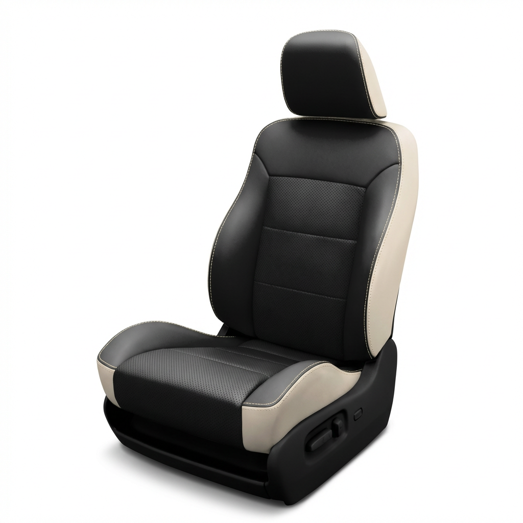 2005–2007 Chrysler 300 Base/Touring Leatherteck Katzkin leather seat cover upholstery kit (K3, K3649-120) on a white background featuring pearl outer bolsters, black facing panels, a black perforated combo center insert, and pearl contrast stitching.
