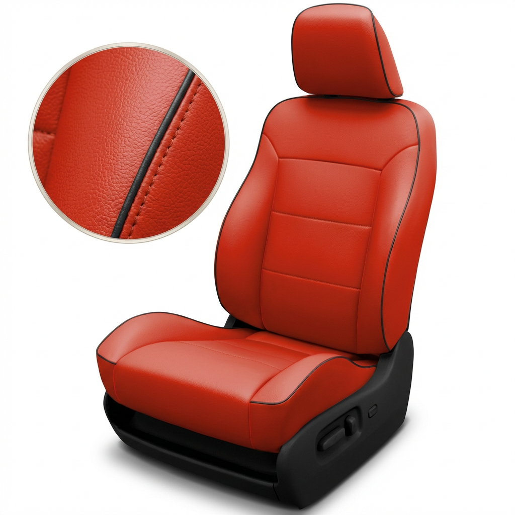 Close-up of a 2005–2007 Chrysler 300 Base/Touring Leatherteck Katzkin leather seat cover upholstery kit (L2, L2323-100) in salsa red with black piping on a white background, featuring an inset zoom showing the leather grain, stitched seam, and black welt/piping detail.
