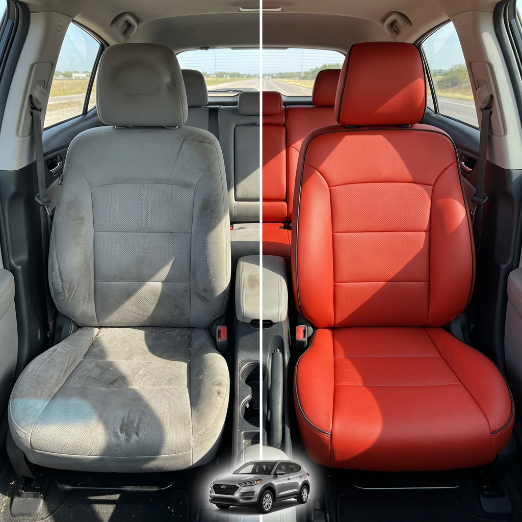 Before-and-after interior comparison for a 2005–2007 Chrysler Crossfire Coupe/Convertible Leatherteck Katzkin seat cover kit (L2, L2323-100): left side shows a worn grey cloth front seat, while right side shows the upgraded Salsa red leather seat with contrasting black piping and smooth center panels; small vehicle graphic at the bottom.

