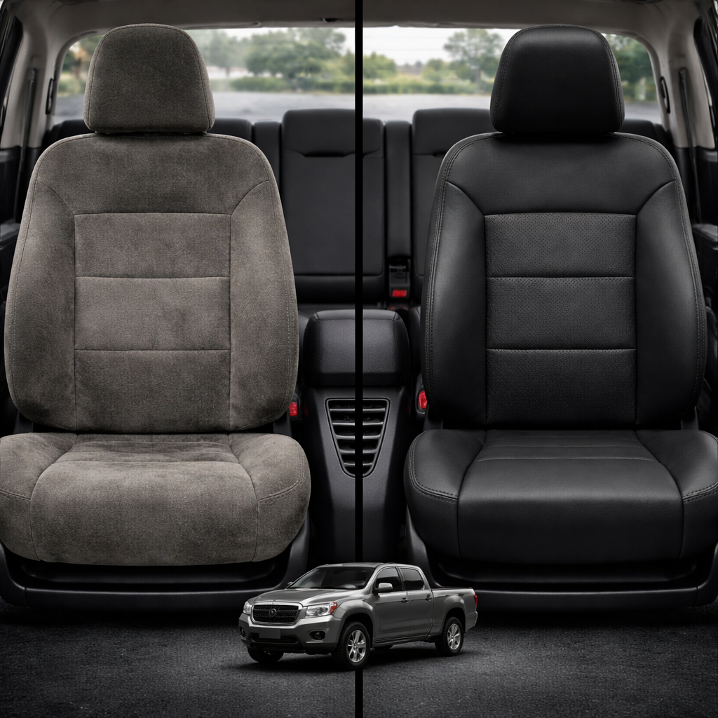 Before-and-after comparison of Pontiac G6 front seats, showing cloth seat upgraded to perforated leather upholstery.