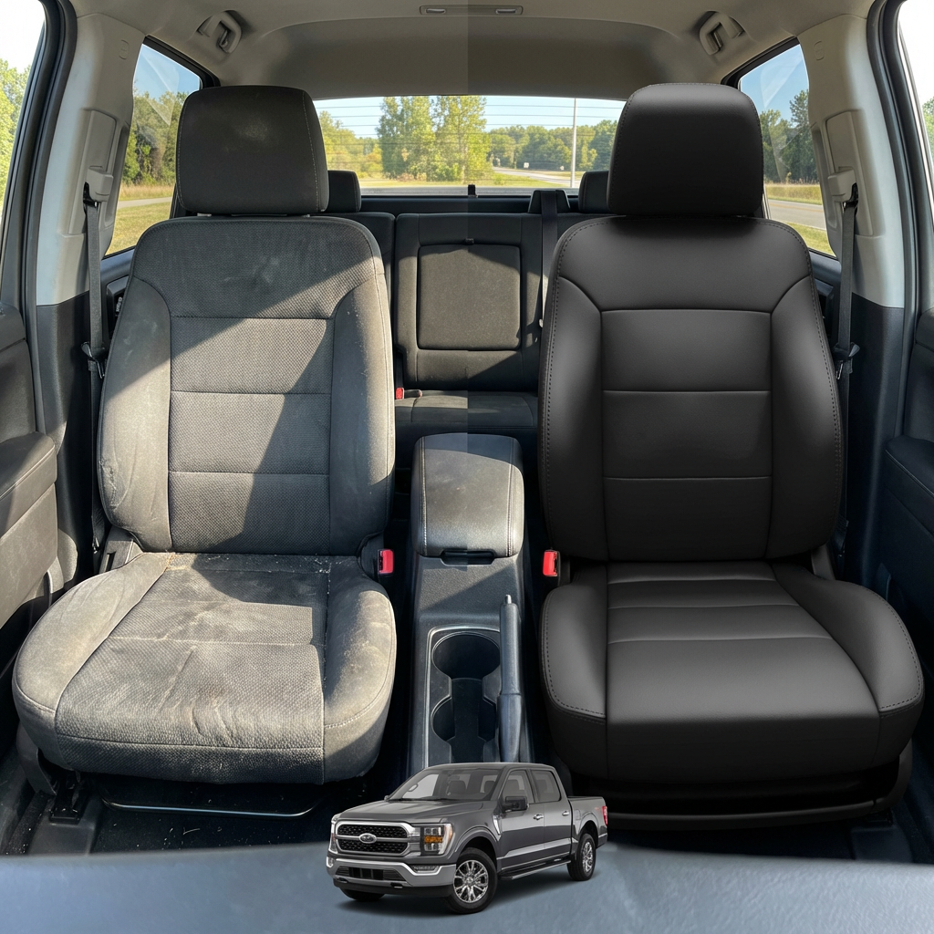 Before-and-after comparison of Ford F-650 front seats, showing original cloth seat upgraded to perforated leather upholstery.