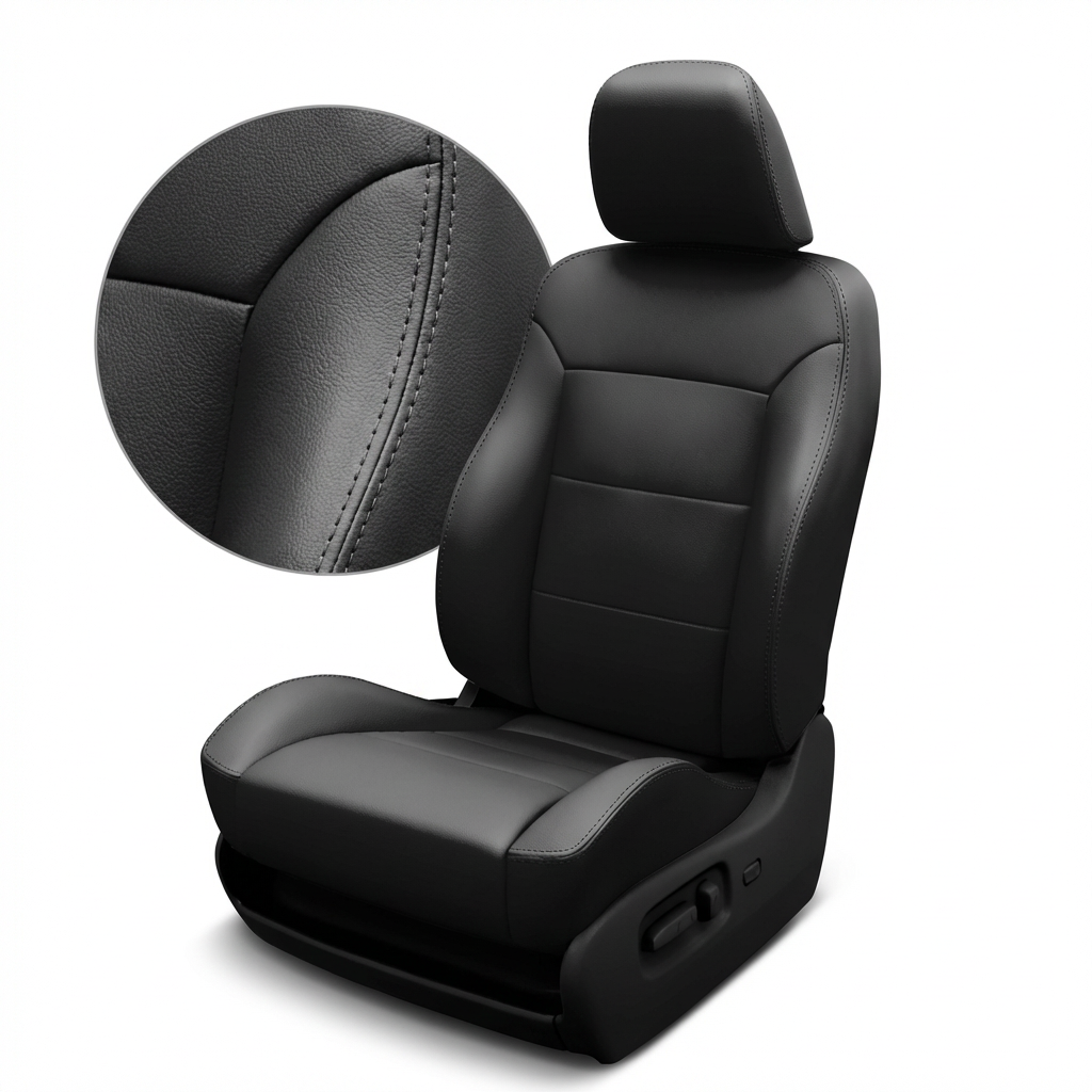 Black car seat with headrest and close up detailed stitching on a white background
