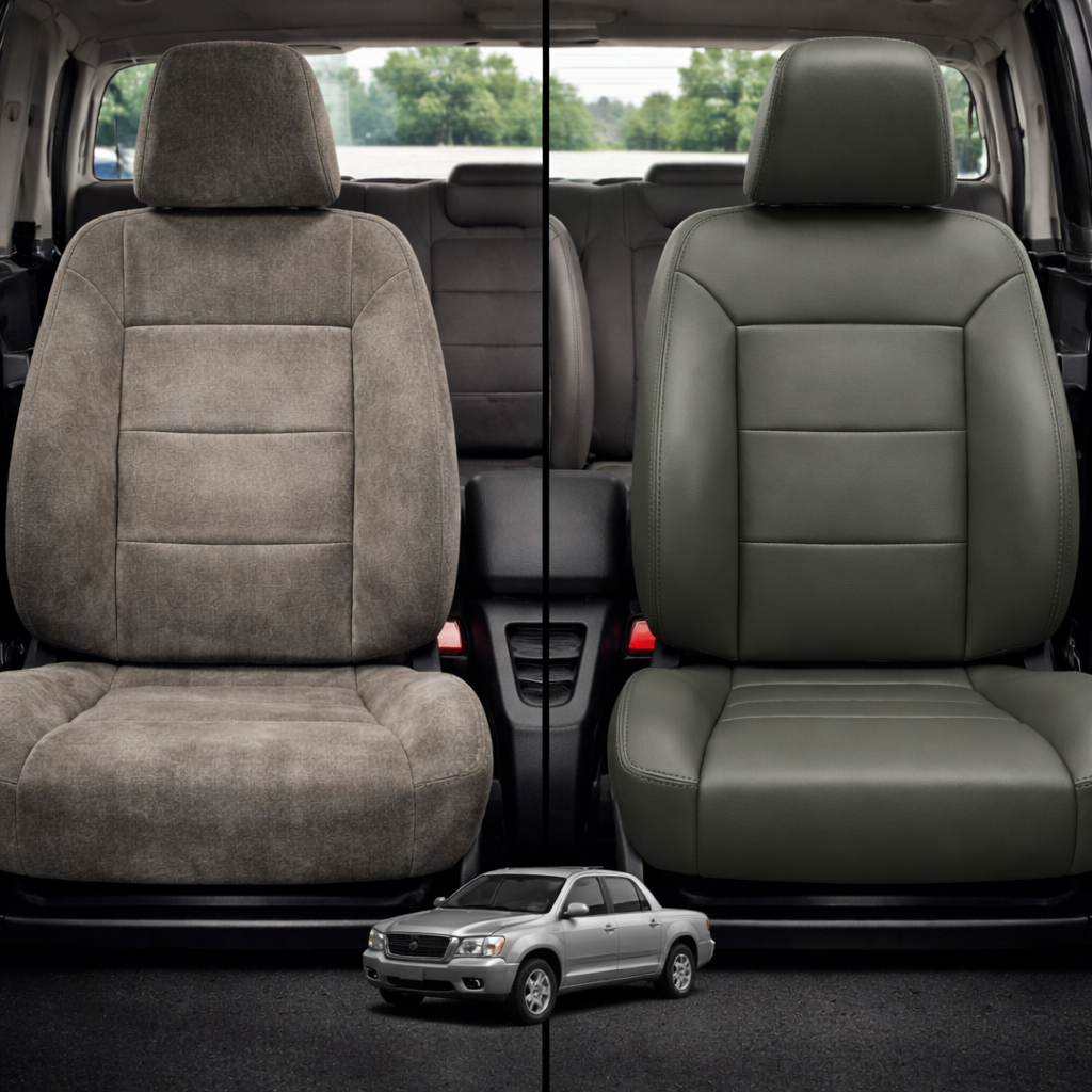 Before-and-after comparison of Ford F-650 front seats, showing original cloth seat upgraded to perforated leather upholstery.