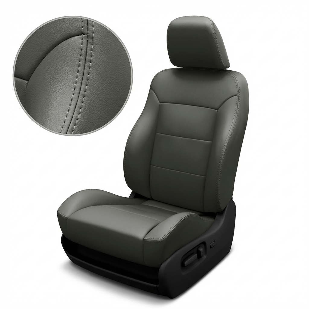 Dark gray seat with headrest and close up detailed stitching on white background