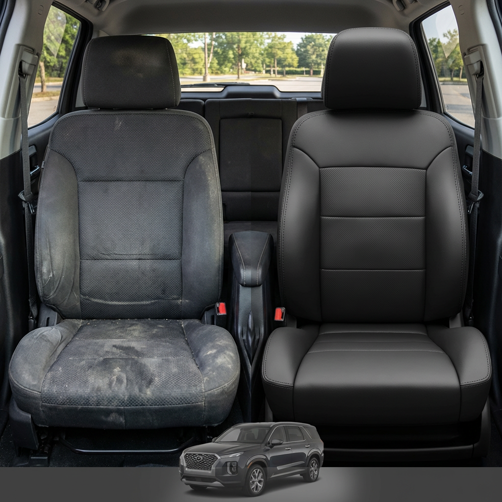 Before-and-after comparison of Ford Econoline front seats, showing original cloth seat upgraded to perforated leather upholstery.