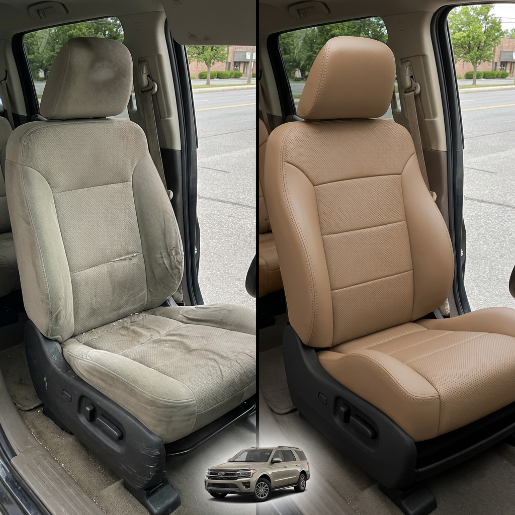 Before-and-after comparison of Ford Econoline front seats, showing original cloth seat upgraded to perforated leather upholstery.